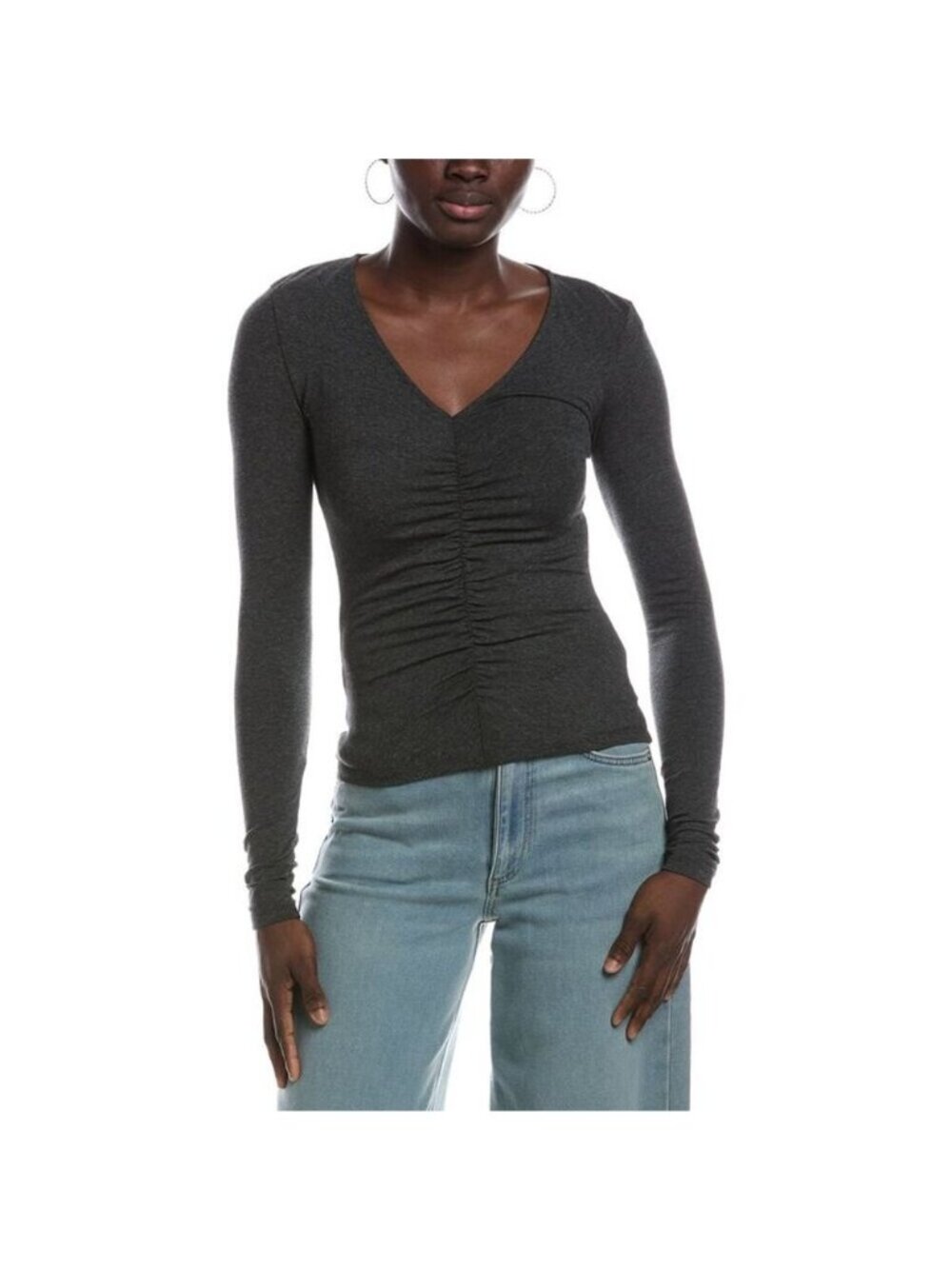 Madewell Women's Slinky V Neck Top Gray Ruched Stretch Long Sleeve Size XS NWT